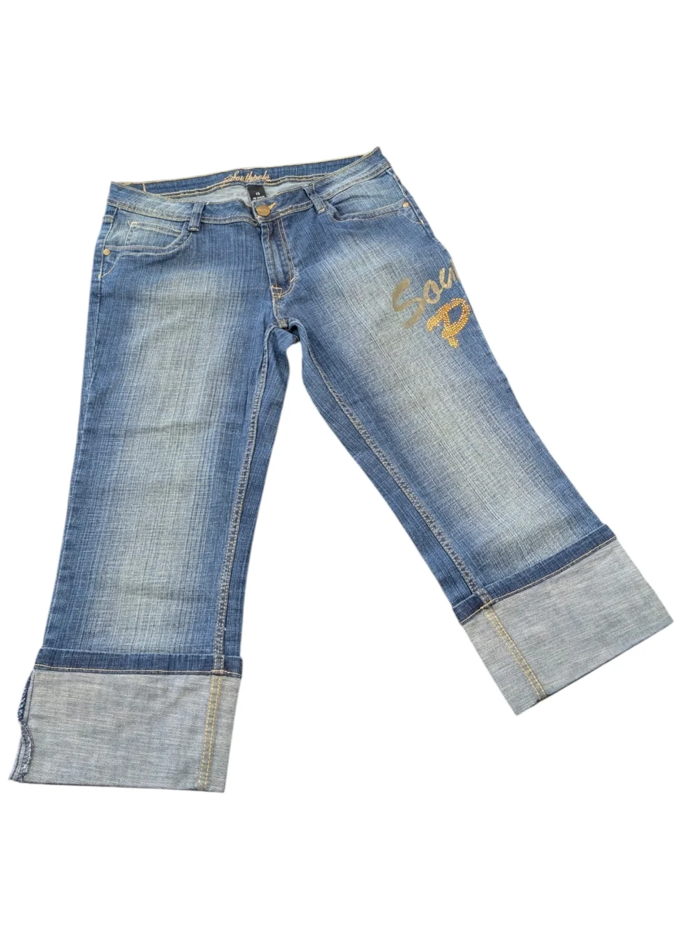 Y2K South Pole Rolled Cuff Denim Capri Jeans with Gold Stud Logo. Sz. 13. W: 36